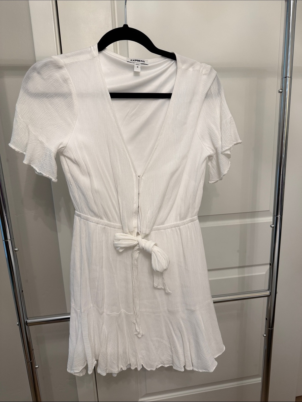 Express White Tie-Waist V-Neck Mini Dress